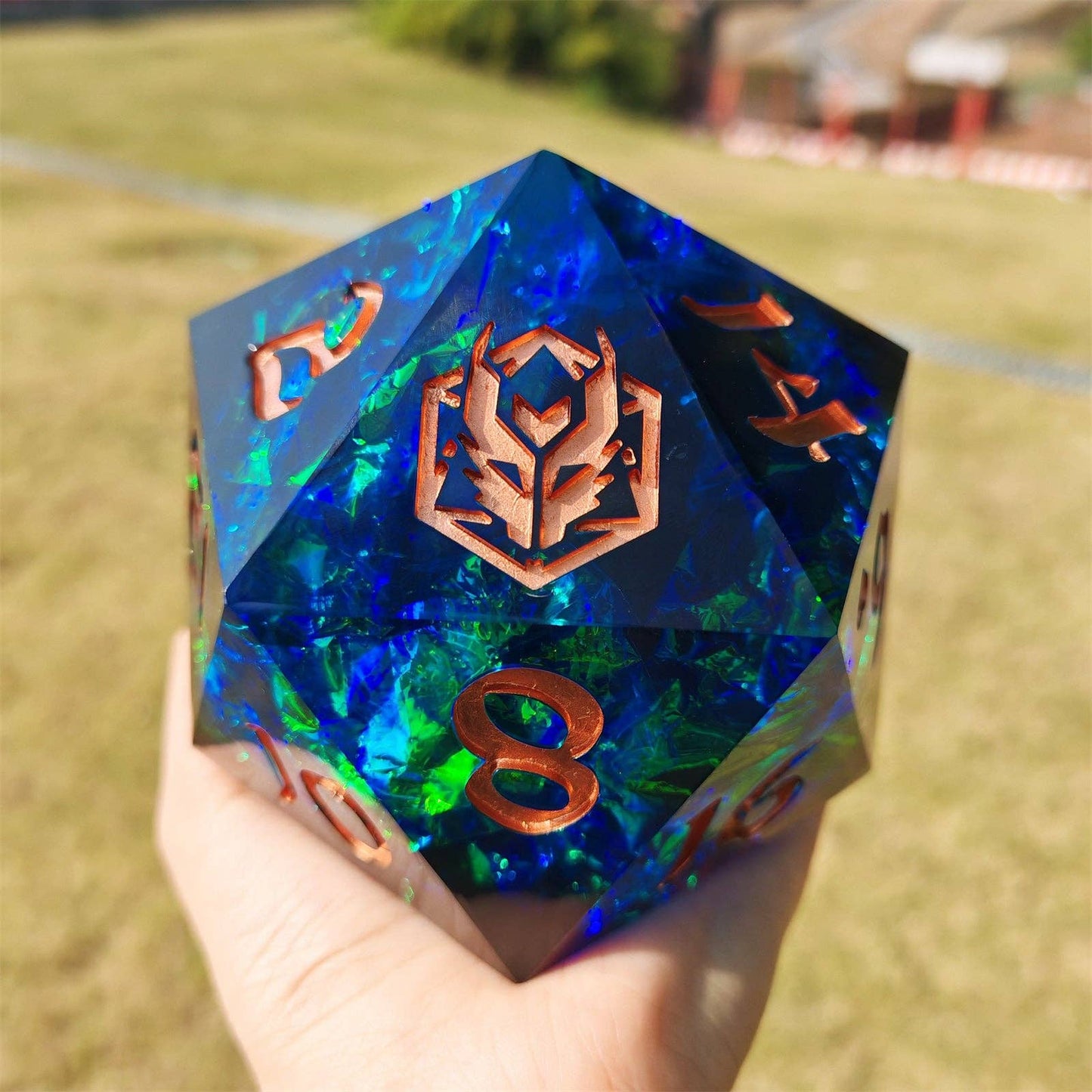100mm Chonk D20 - Red & Blue - sharp edge resin