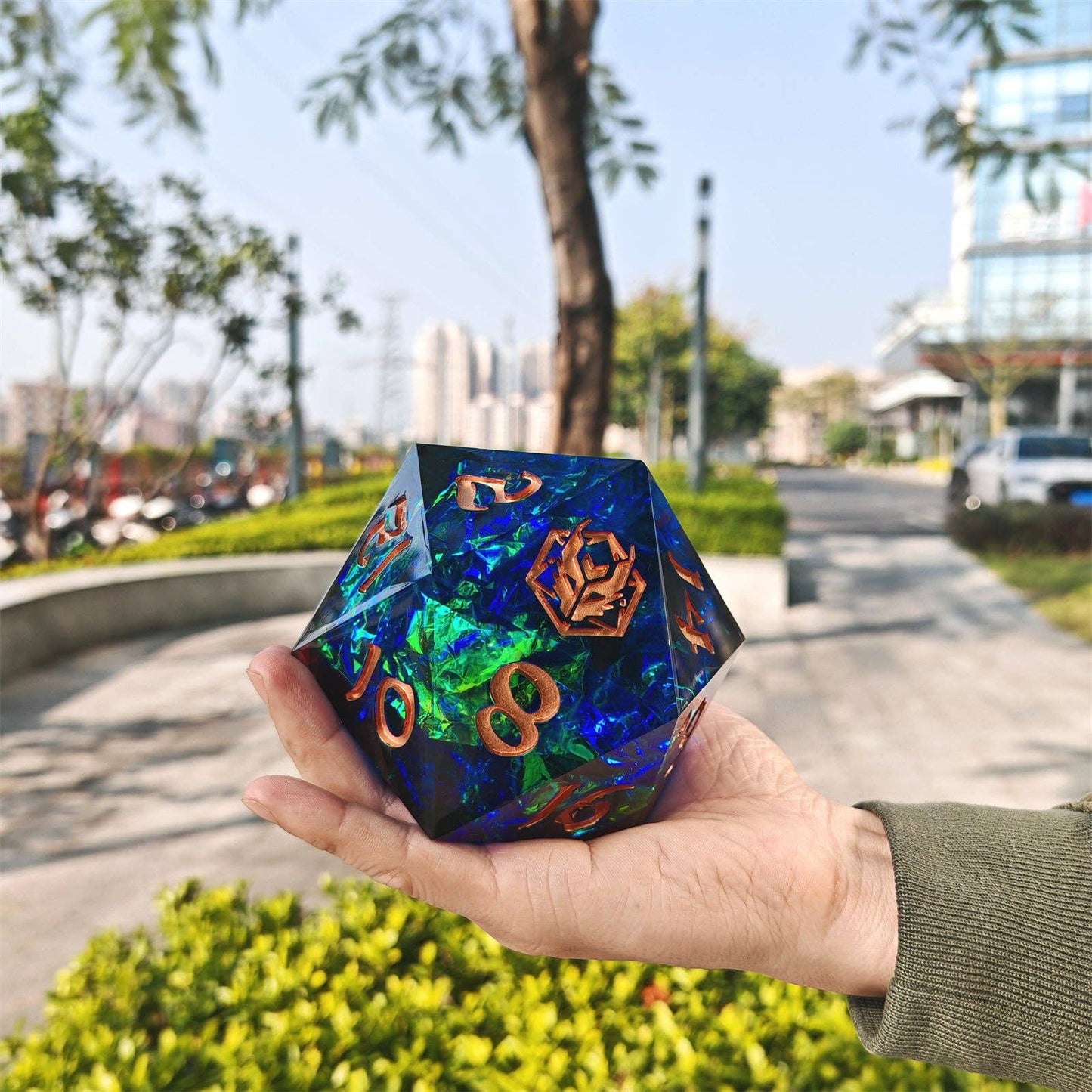 100mm Chonk D20 - Red & Blue - sharp edge resin