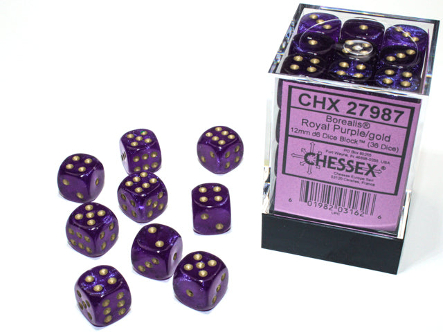 Borealis Royal Purple/Gold Luminary 12mm d6 Dice Block (36 dice) – Big ...